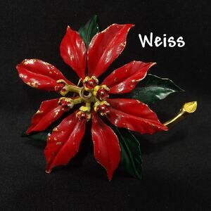 Weiss Poinsettia Brooch, Gold Plated Red Enamel, 1950s Vintage Jewelry